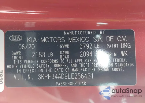 2020 Kia Forte Gt-Line z USA, uszkodzony, nr VIN 3KPF34AD9LE256451